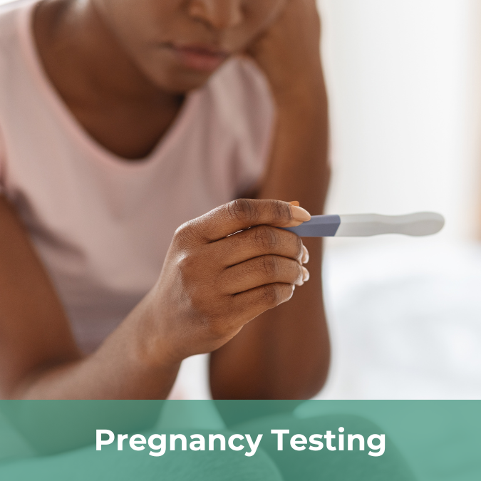 A woman holds a pregnancy test in her hand and is looking down at the result. There is a text bar on the bottom of the image that reads Pregnancy Testing.